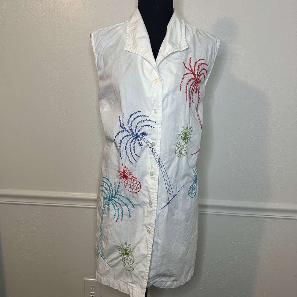Tropical Embroidered White Button-Down Swim Coverup